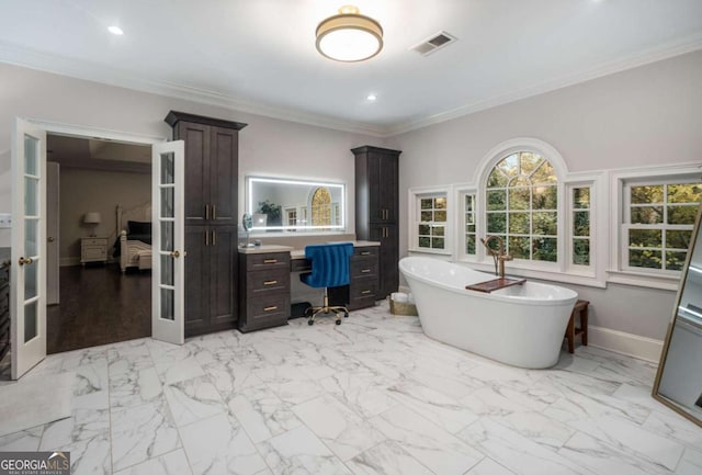 office space featuring crown molding and french doors