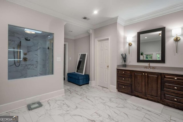 bathroom featuring vanity, an enclosed shower, and ornamental molding