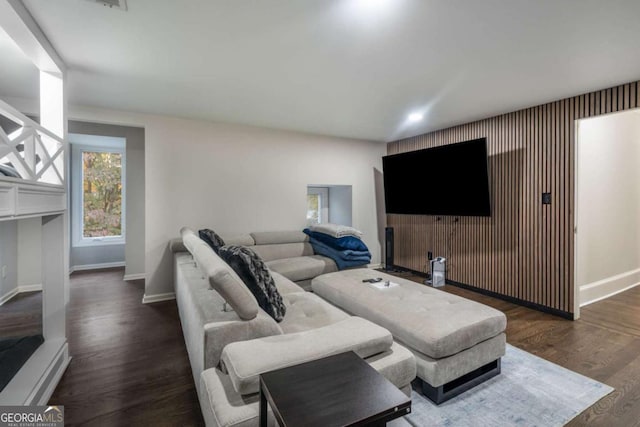 living room with dark wood-type flooring