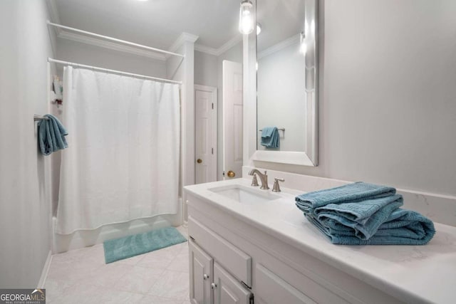 bathroom featuring crown molding, tile patterned flooring, vanity, and shower / bath combination with curtain