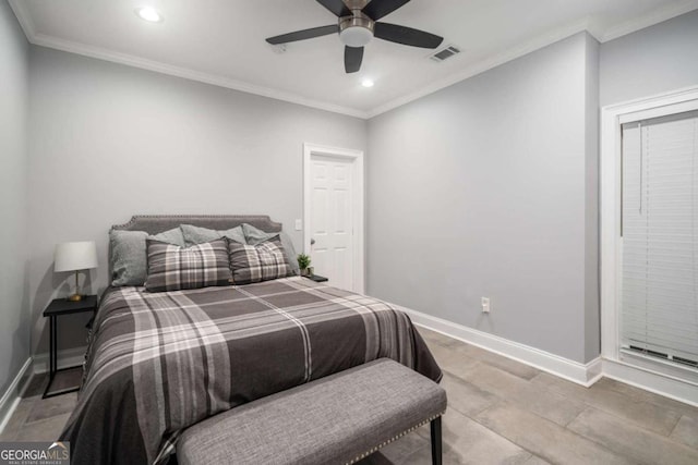 bedroom with ceiling fan and ornamental molding