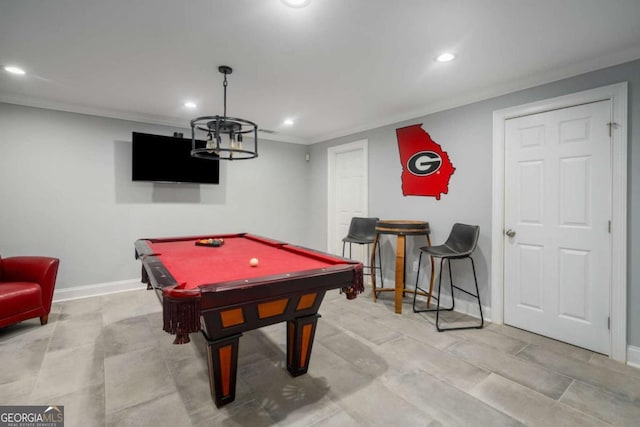 playroom with crown molding and pool table