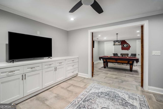 interior space featuring ceiling fan, ornamental molding, and pool table