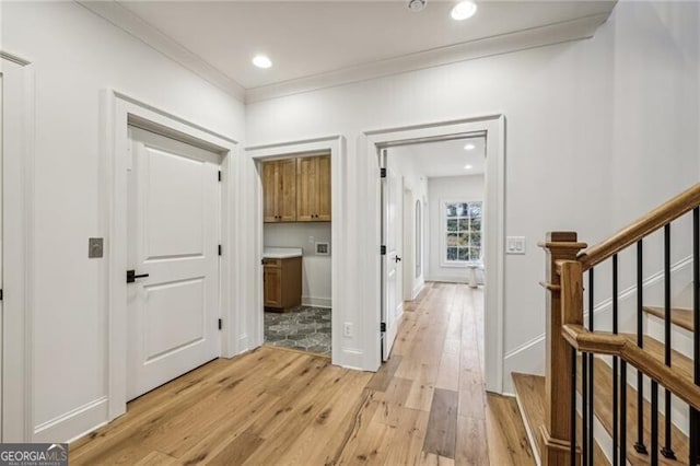 hallway with light hardwood / wood-style flooring and crown molding