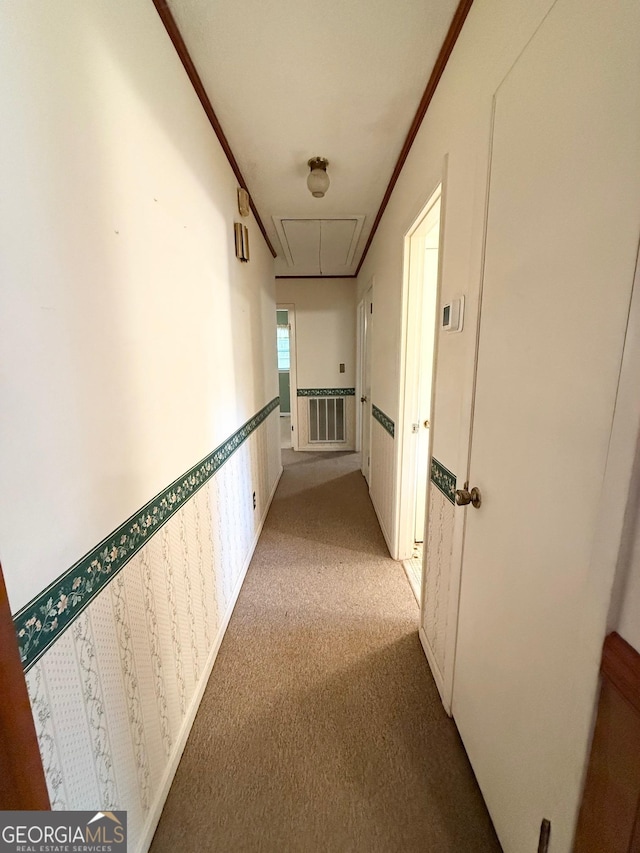 corridor featuring light colored carpet