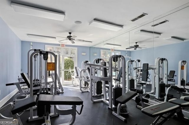 exercise room featuring ceiling fan