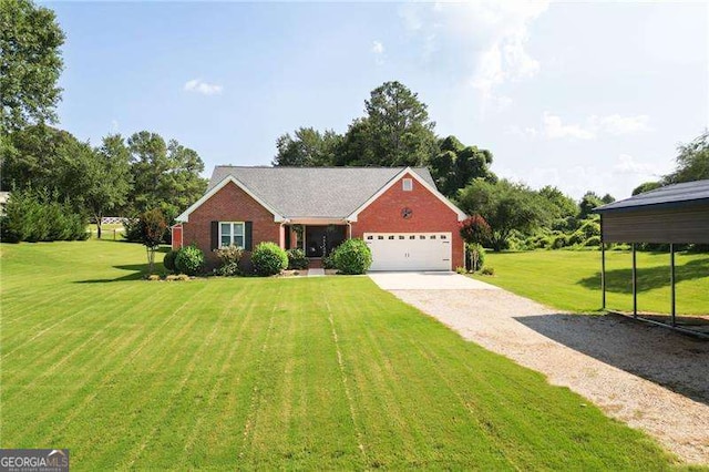 view of front facade with a garage, a front yard, and a carport