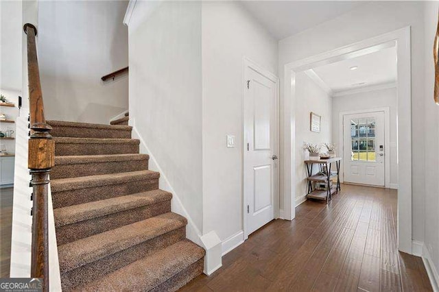 staircase featuring crown molding and wood-type flooring