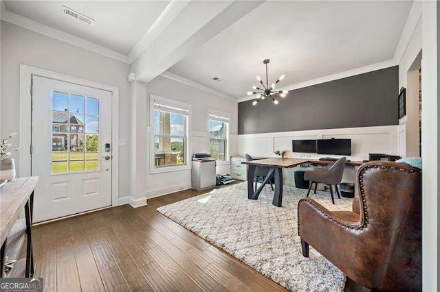 home office with crown molding, a notable chandelier, and dark hardwood / wood-style flooring