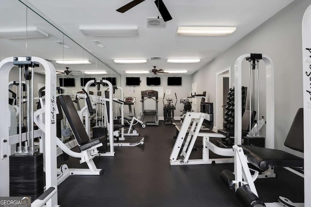 workout area with ceiling fan