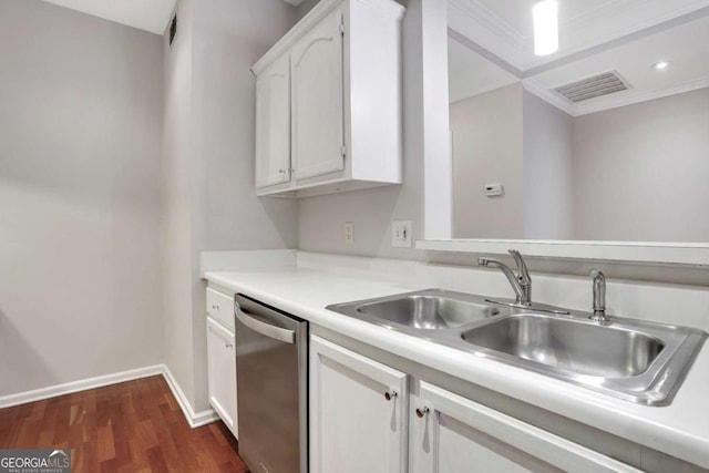 kitchen with stainless steel dishwasher, ornamental molding, sink, white cabinets, and dark hardwood / wood-style floors