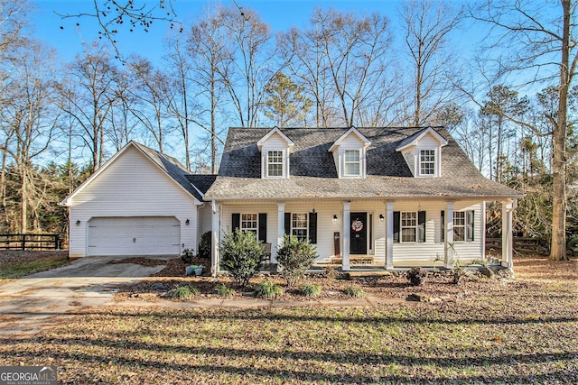 new england style home with covered porch and a garage