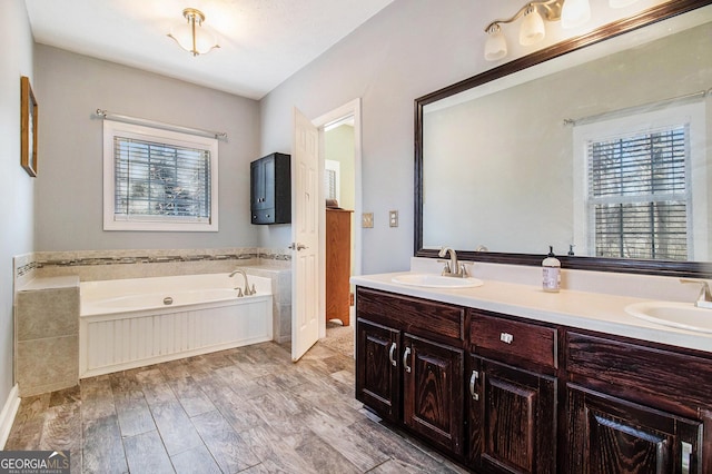 bathroom with hardwood / wood-style flooring, plenty of natural light, a washtub, and vanity