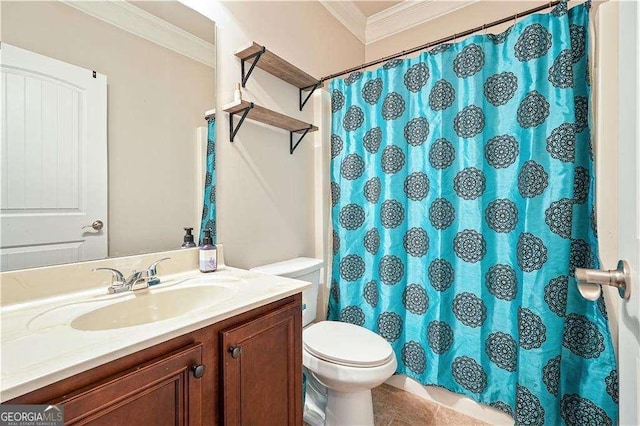 bathroom with walk in shower, toilet, vanity, and ornamental molding