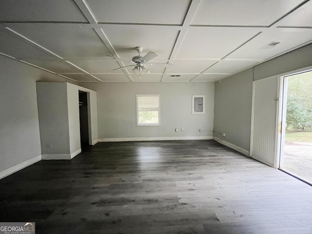 empty room featuring hardwood / wood-style flooring, ceiling fan, and coffered ceiling