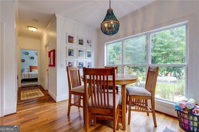 dining room featuring a chandelier, light hardwood / wood-style flooring, and plenty of natural light