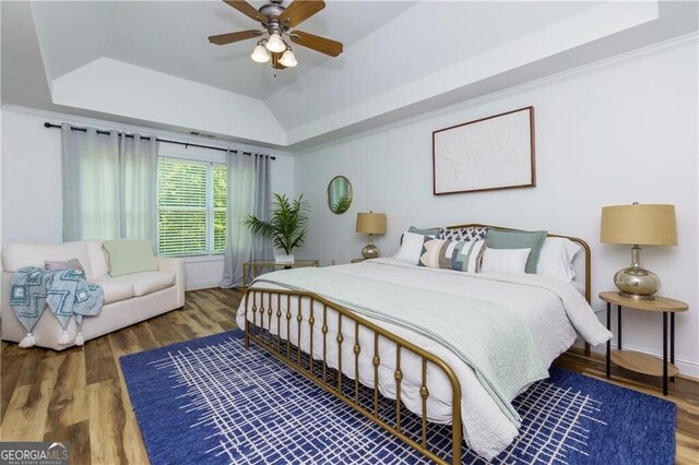 bedroom featuring ceiling fan, dark hardwood / wood-style flooring, and a tray ceiling