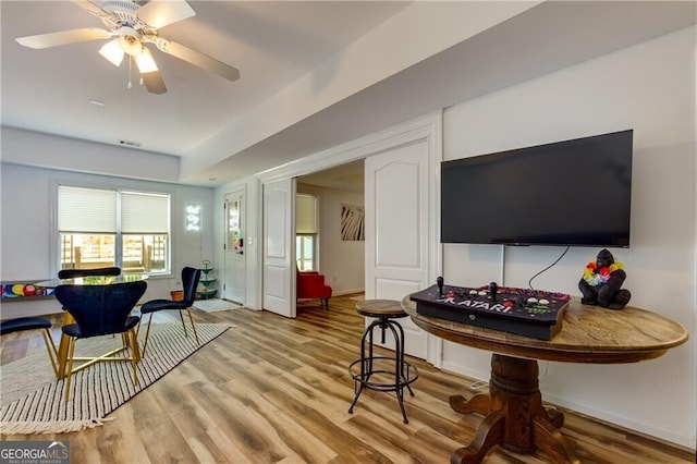 living room with wood-type flooring and ceiling fan