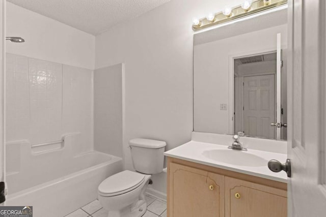 full bathroom featuring tile patterned flooring, a textured ceiling, toilet, vanity, and shower / bathtub combination