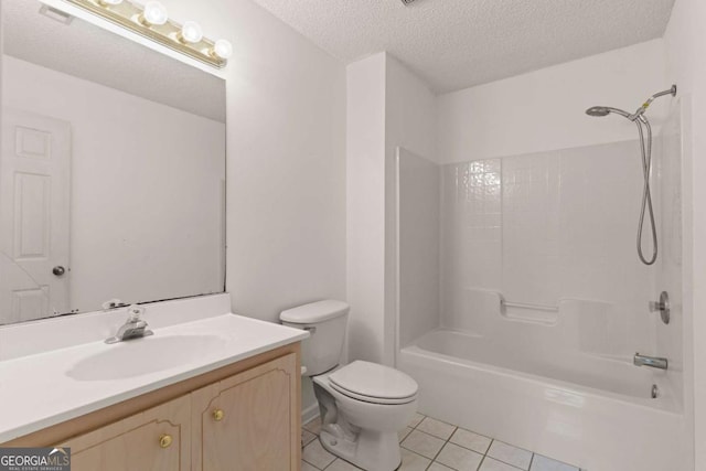 full bathroom featuring tile patterned flooring, a textured ceiling, toilet, shower / tub combination, and vanity