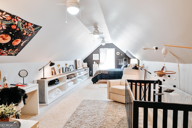 bedroom with light carpet and vaulted ceiling