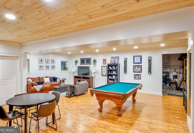 rec room featuring wood ceiling, pool table, and light wood-type flooring