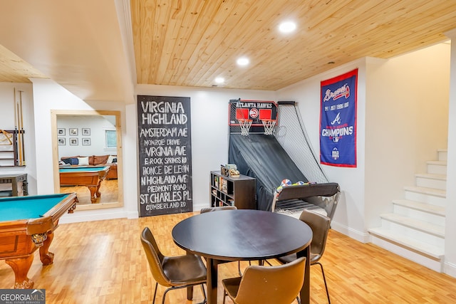 game room with pool table, wood-type flooring, and wooden ceiling