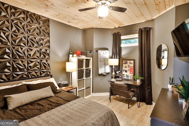 bedroom featuring wood ceiling, ceiling fan, and light hardwood / wood-style flooring