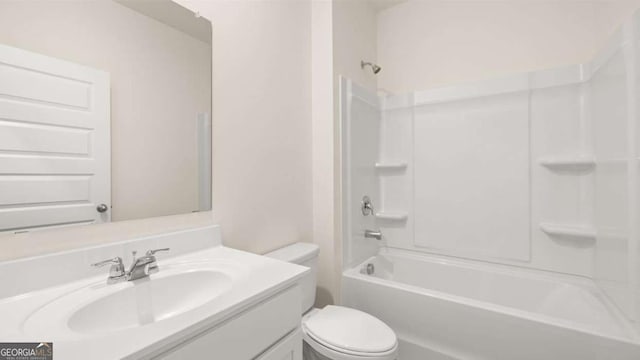 full bathroom with vanity,  shower combination, and toilet