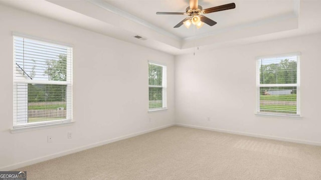 carpeted spare room featuring a tray ceiling, a wealth of natural light, and ceiling fan