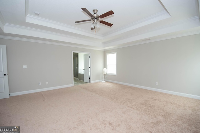 carpeted spare room featuring ceiling fan, a raised ceiling, and crown molding