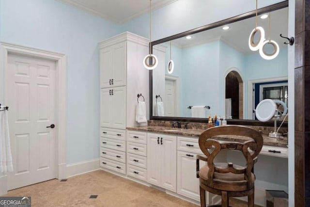 bathroom with vanity, tile patterned floors, and ornamental molding