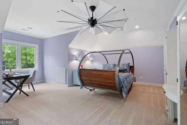 carpeted bedroom featuring ceiling fan with notable chandelier and crown molding