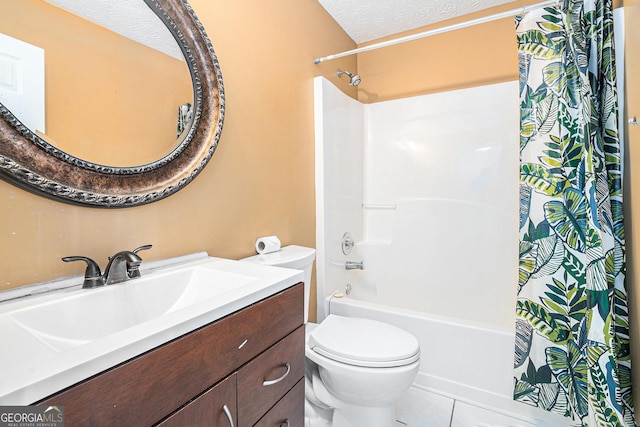 full bathroom with vanity, tile patterned floors, toilet, shower / bathtub combination with curtain, and a textured ceiling