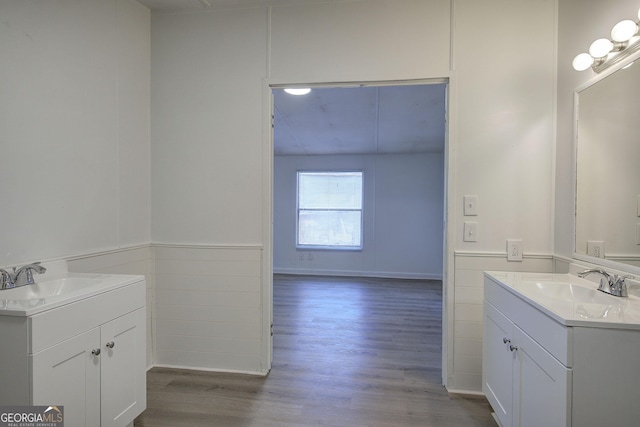 bathroom with vanity and wood-type flooring