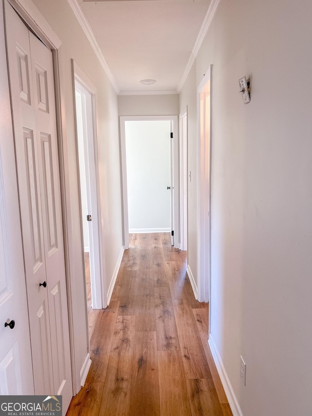 hallway featuring crown molding and light hardwood / wood-style flooring