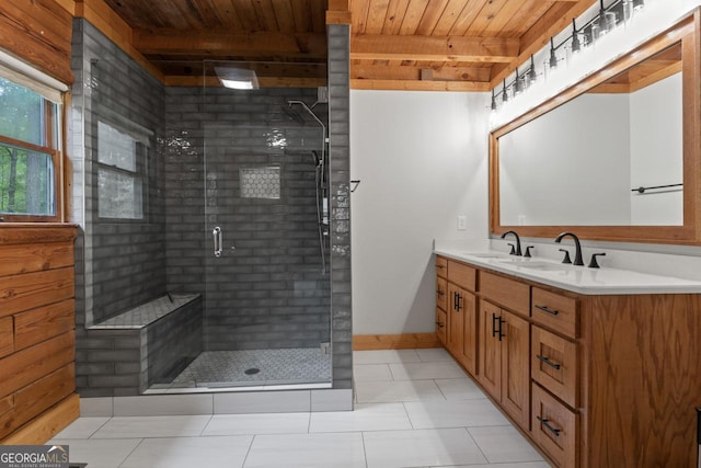 bathroom featuring vanity, beam ceiling, a shower with door, and wooden ceiling