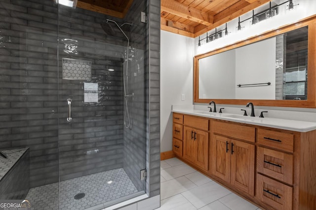 bathroom with wood ceiling, vanity, a shower with door, beam ceiling, and tile patterned flooring