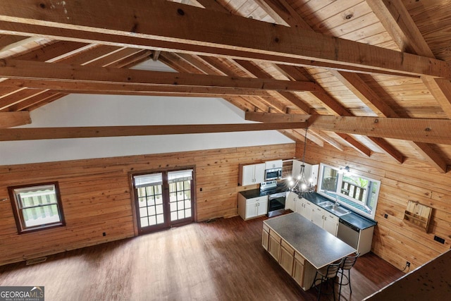 unfurnished living room with wood walls, vaulted ceiling with beams, sink, dark hardwood / wood-style flooring, and wooden ceiling