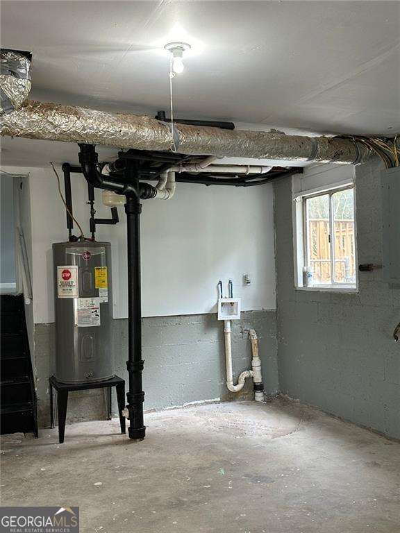 basement with electric panel and water heater