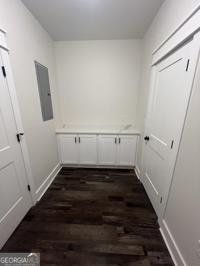 washroom with dark hardwood / wood-style flooring and electric panel