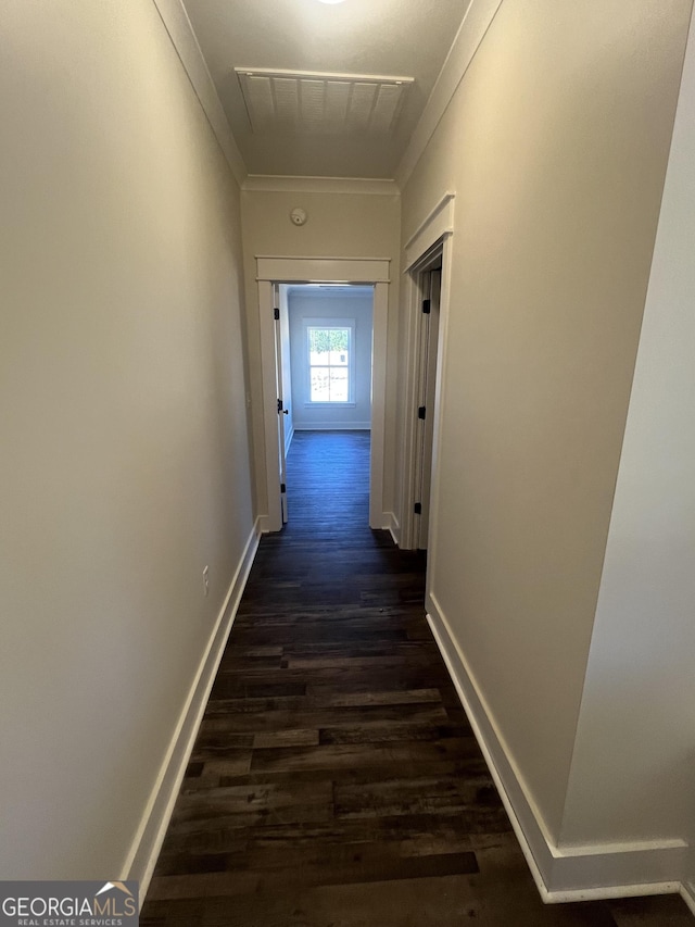 hallway featuring dark hardwood / wood-style flooring and crown molding