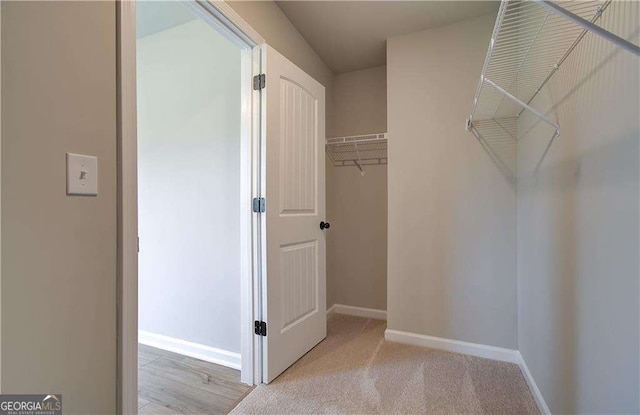 walk in closet featuring light colored carpet