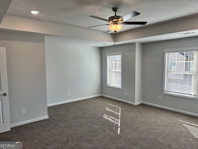 carpeted empty room with a wealth of natural light, a raised ceiling, and ceiling fan