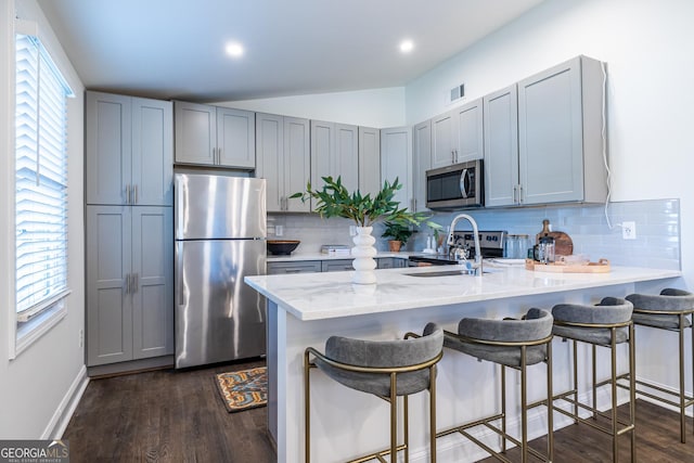 kitchen featuring a peninsula, dark wood finished floors, stainless steel appliances, and a sink