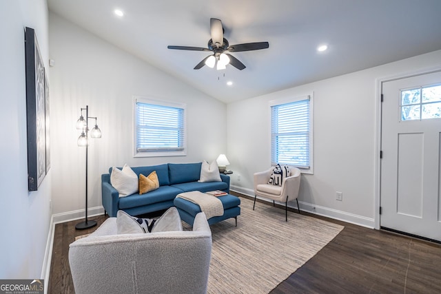 living room with dark wood-style floors, recessed lighting, and vaulted ceiling