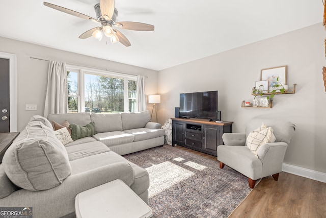 living room with hardwood / wood-style floors and ceiling fan