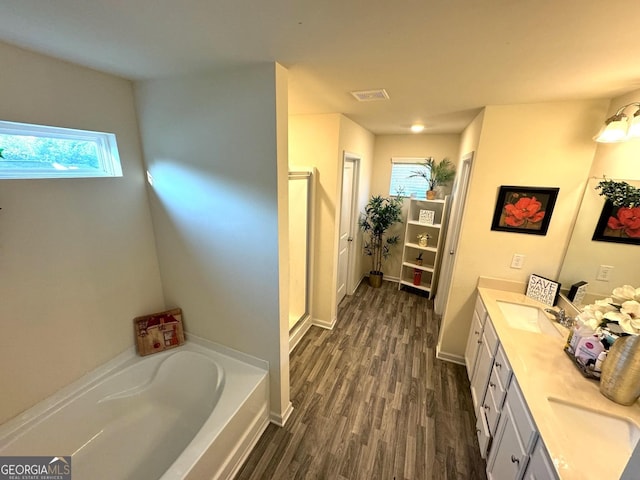 bathroom with plus walk in shower, vanity, and hardwood / wood-style flooring