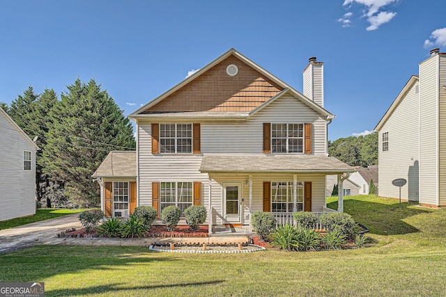 front facade with a porch and a front yard