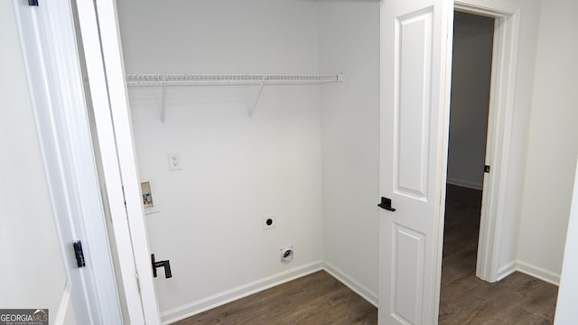 clothes washing area with hookup for a washing machine, dark wood-type flooring, and hookup for an electric dryer